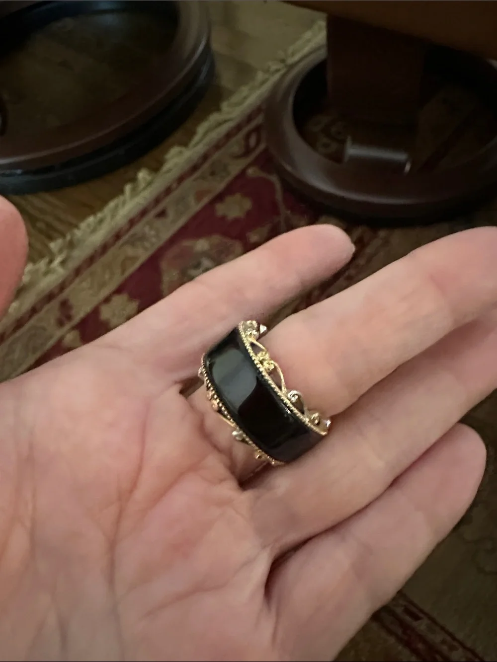 Black Onyx Band Ring with Gold-Tone Rope and Silver Cross Accents